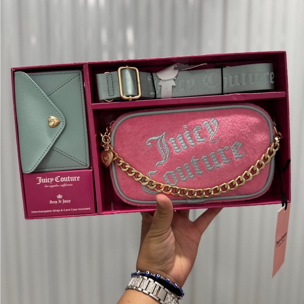 Juicy Couture Pink and Green Crossbody Bag with Chain